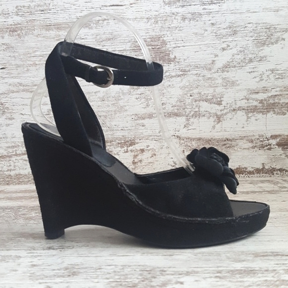 Paolo Black Suede Leather Ankle Strap Wedge Heel w/ Flower